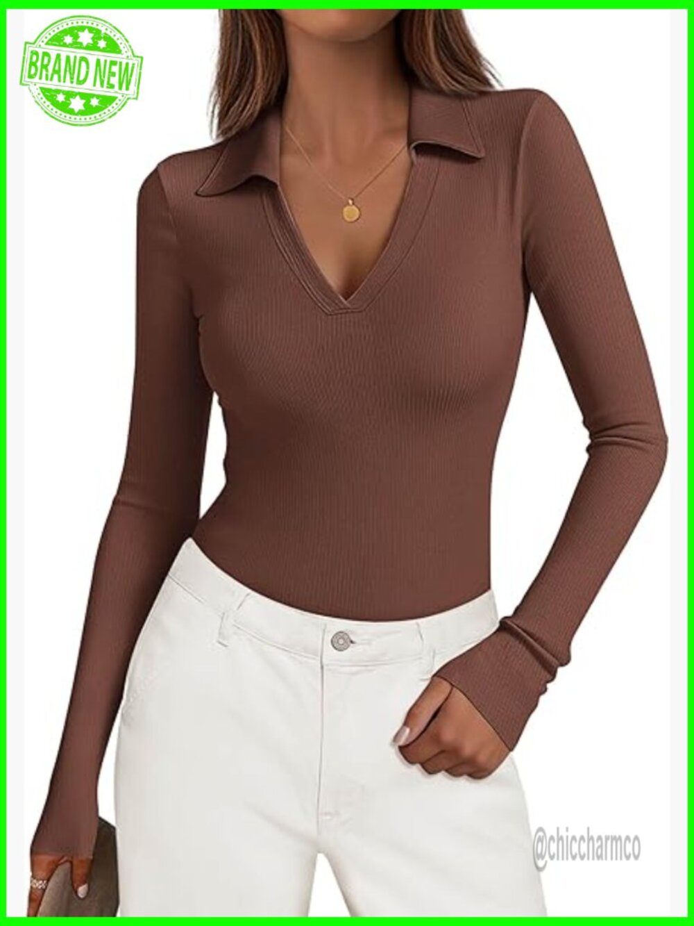 Long Sleeve V-Neck Polo Shirt for Women Slim Fit Ribbed Knit Business Casual